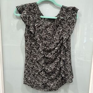 Express Women’s Multiprint Short Sleeve Sheer Ruffle Blouse Top Sz Small